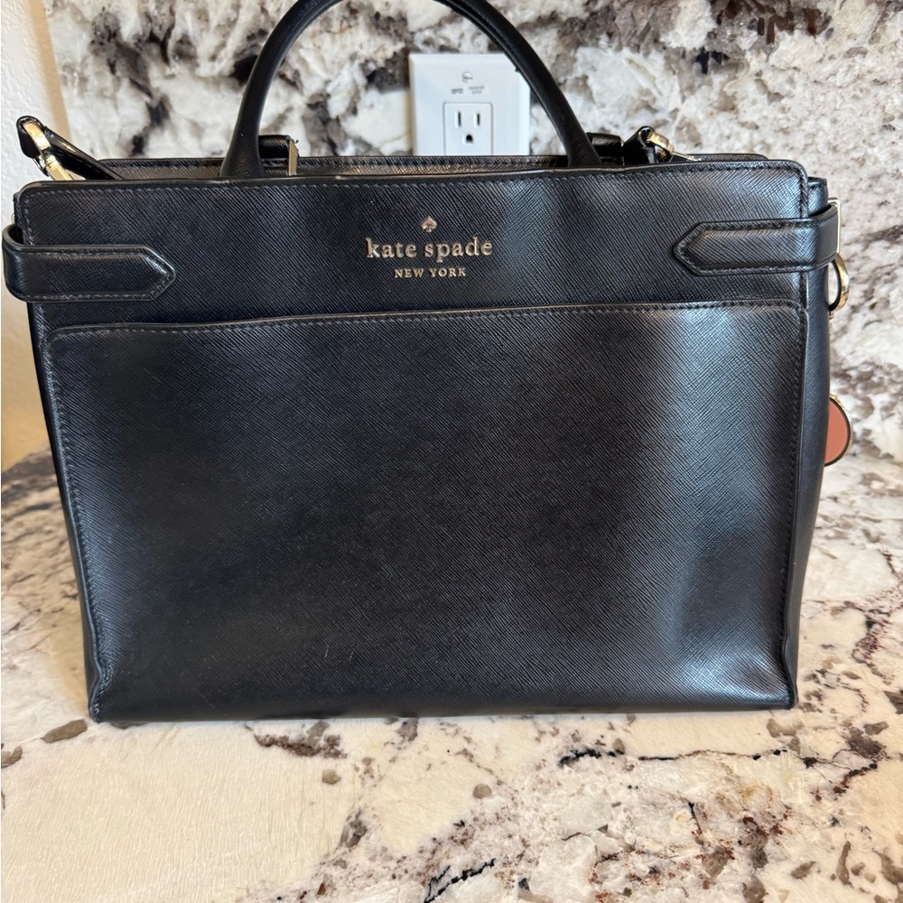 kate spade Black Leather Structured Briefcase Tote with Gold Logo